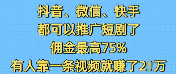 【2025.01.17】抖音微信快手都可以推广短剧了，佣金最高75%，有人靠一条视频就挣了2W百度网盘免费下载-芽米宝库