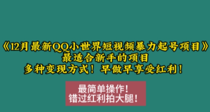 【2024.12.07】12月最新QQ小世界短视频暴力起号项目，最适合新手的项目，多种变现方式百度网盘免费下载-芽米宝库