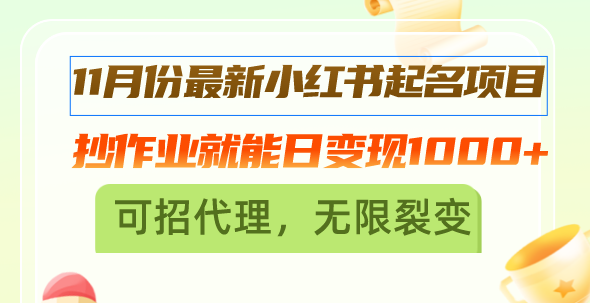 【2024.11.08】11月份最新小红书起名项目，抄作业就能日变现1000+，可招代理，无限裂变百度网盘免费下载-芽米宝库