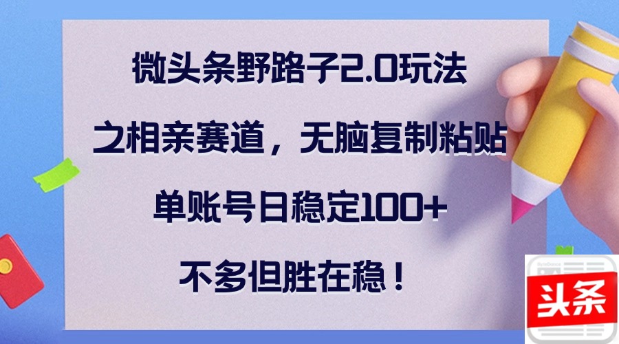 【2024.09.28】微头条野路子2.0玩法之相亲赛道，无脑复制粘贴，单账号日稳定100+，不多但胜在稳定百度网盘免费下载-芽米宝库