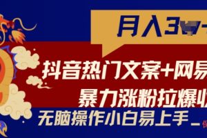 【2024.05.12】抖音热门文案+网易云截图暴力涨粉拉爆收益玩法，小白无脑操作，简单易上手百度网盘免费下载-芽米宝库