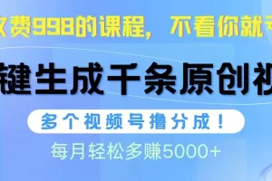 【2024.04.22】视频号软件辅助日产1000条原创视频，多个账号撸分成收益，每个月多赚5000+百度网盘免费下载-芽米宝库