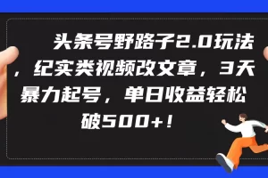 【2024.03.19】头条号野路子2.0玩法，纪实类视频改文章，3天暴力起号，单日收益轻松破500+百度网盘免费下载-芽米宝库