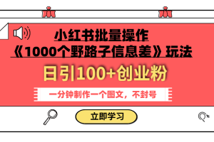 【2023.10.29】小红书批量操作《1000个野路子信息差》玩法 日引100+创业粉 一分钟一个图文百度网盘免费下载-芽米宝库