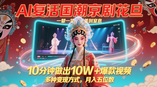 【2025.05.20】AI复活国潮京剧花旦，一颦一笑美到窒息，10分钟做出10W+爆款视频，多种变现方式，月入五位数百度网盘免费下载-芽米宝库