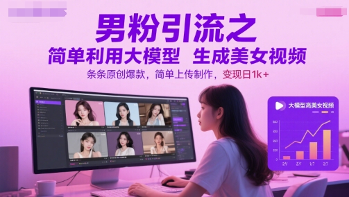 图片[1]-【2025.06.10】男粉引流之简单利用大模型生成美女视频，条条原创爆款，简单上传制作，变现日1000+百度网盘免费下载-芽米宝库