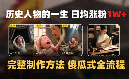 【2025.06.18】历史人物的一生 日均涨粉1W+，完整制作方法 傻瓜式全流程百度网盘免费下载-芽米宝库
