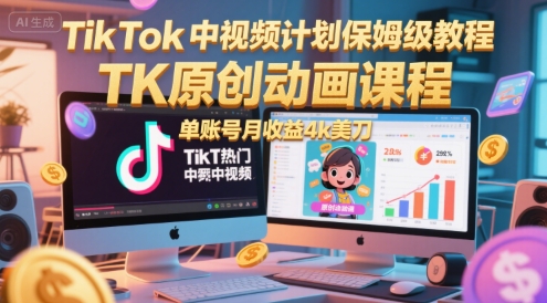 【2025.06.19】TikTok中视频计划保姆级教程，TK原创动画课程，单账号月收益4k美刀百度网盘免费下载-芽米宝库