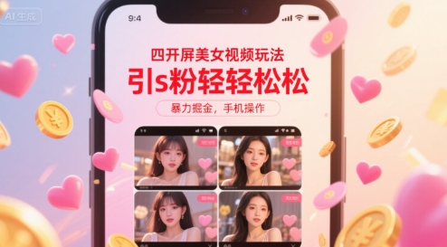 图片[1]-【2025.07.27】四开屏美女视频玩法，引s粉轻轻松松，暴力掘金，手机操作百度网盘免费下载-芽米宝库