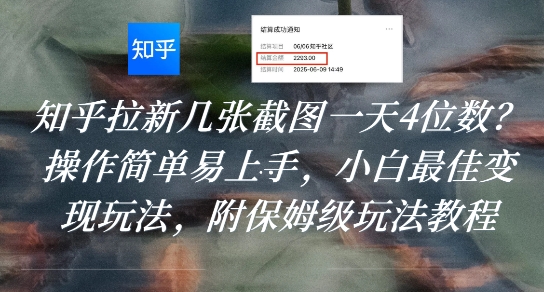 【2025.07.26】知乎拉新几张截图一天4位数？操作简单易上手，小白最佳变现玩法，附保姆级玩法教程百度网盘免费下载-芽米宝库