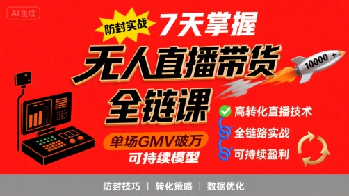 【2025.08.08】无人直播带货全链防封实战课，7天掌握高转化直播技术，实现单场GMV破万可持续模型百度网盘免费下载-芽米宝库
