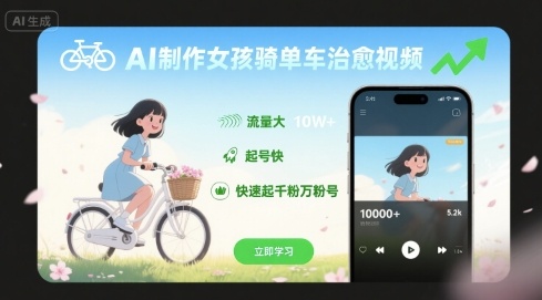 【2025.08.25】AI制作女孩骑单车治愈视频，流量大，起号快，快速起千粉万粉号百度网盘免费下载-芽米宝库